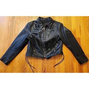 VTG Branded Garments Womens Black Fringe Leather Western Jacket Size 18 USA Made